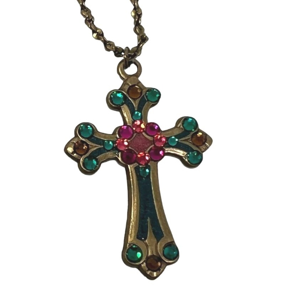 Anne Koplik Designs Cross Necklace Gold Tone Pink Green Crystals Made in USA